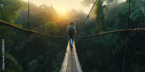 Mann auf einer Hängebrücke im Wald, generative AI