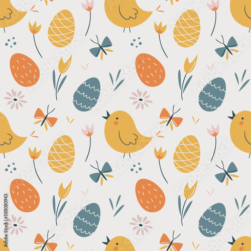 Easter seamless pattern with chicks, easter eggs, flowers and butterfly. Easter egg hunt. Perfect for textile, wallpaper or print design