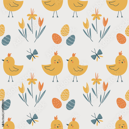 Easter seamless pattern with chicks  easter eggs  flowers and butterfly. My First Easter. Perfect for textile  wallpaper or print design