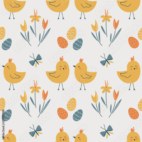 Easter seamless pattern with chicks, easter eggs, flowers and butterfly. My First Easter. Perfect for textile, wallpaper or print design