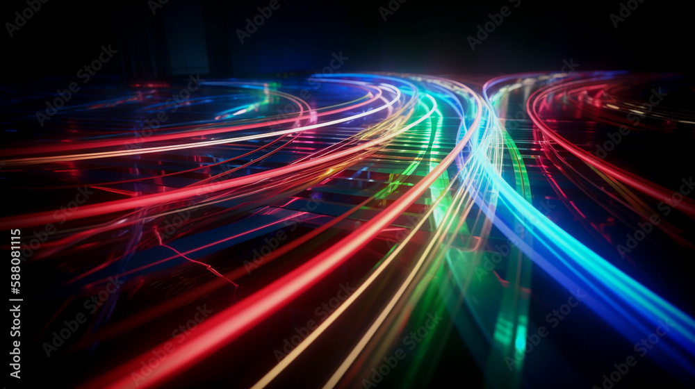 Obraz premium Abstract fractal background. Futuristic technology background. Light trails in the dark. 3d rendering. Generative AI technology.