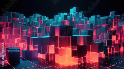 3d render, abstract neon geometric background. Generative Ai