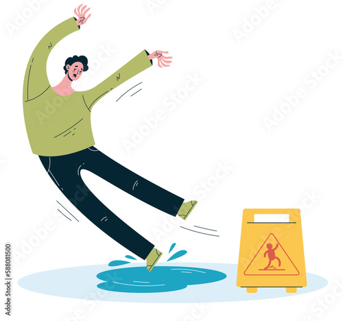 Abstract wet water slide floor and fall people concept. Vector graphic design illustration
