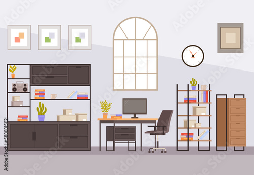 Office background interior desk space workspace concept. Vector graphic design illustration