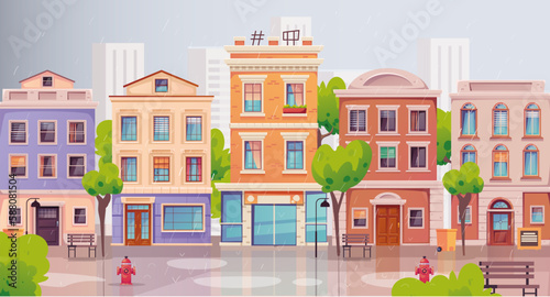 Rain street city rainy scene road cityscape concept. Vector graphic design illustration