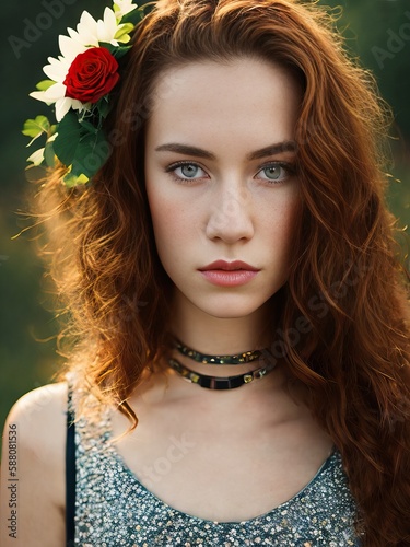 A portrait of a young beautiful girl with flowers in hair. Spring fashion photo. generative AI