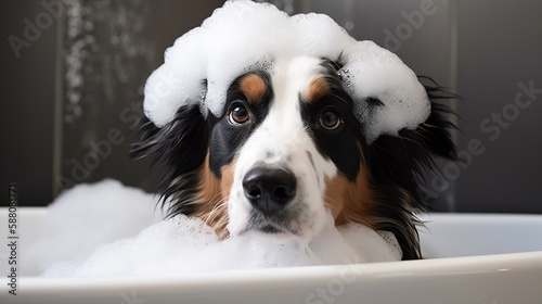 Fotografija chien dans un bain avec de la mousse sur la tête - generative ai