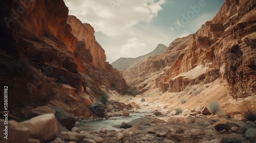 Picturesque view on canyon. Beautiful landscape with red ground vale. Wild nature outdoor background. AI generative image. © vlntn
