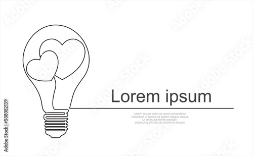 Continuous One  line drawing of light bulb with hearts inside