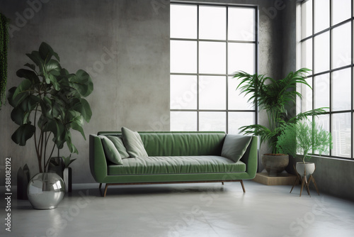 Minimal modern interior living room, with concrete walls in style of brutalism, sofa and plants. Generative AI