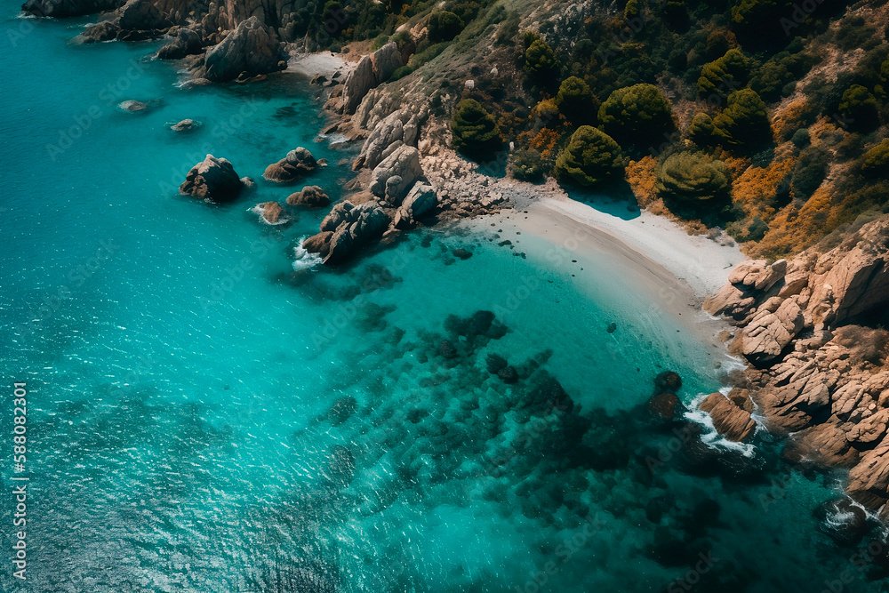 Praia paradisíaca com areia branca, mar azul turquesa e visão de drone
