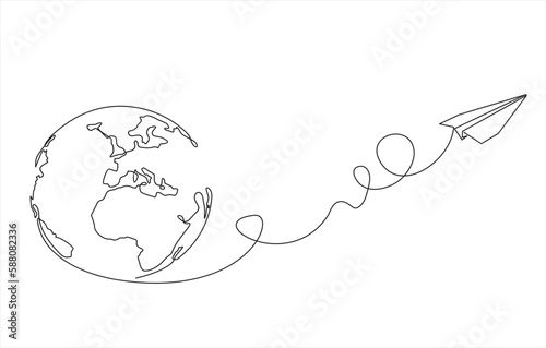 continuous line drawing paper plane taking off from a map and flying symbol for travel or journey illustration vector