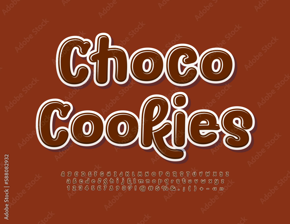 Vector playful sign Choco Cookies. Brown glossy Font. Handwritten Alphabet Letters, Numbers and Symbols set Vector playful sign Choco Cookies. Brown glossy Font. Handwritten Alphabet Letters, Numbers and Symbols set