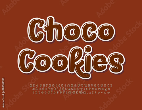 Vector playful sign Choco Cookies. Brown glossy Font. Handwritten Alphabet Letters  Numbers and Symbols set