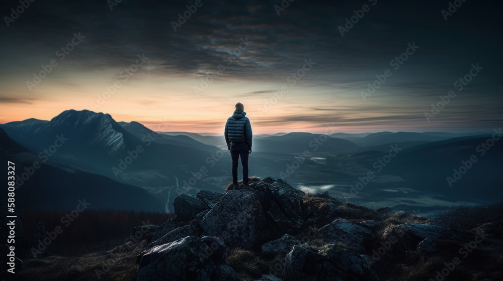 Silhouette of a person standing on a mountain with cinematic lighting during sunrise after hiking. Generative AI.