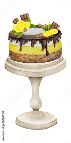 Lemon cake with chocolate, nuts and mint on a stand. Watercolor holiday clipart for design of postcards, greeting cards, invitations, menus, logos, fabric prints. Wedding, birthday, anniversary design