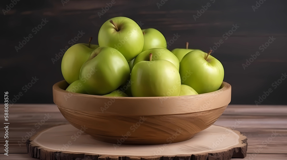 fresh green apples in a wooden plate on a wooden background fresh green apples in a wooden plate on a wooden background