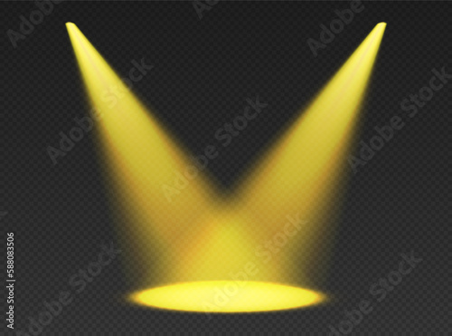 Two stage limelights. Yellow cone lights from top with darkened edges. Volumetric spotlight effect on dark background. Empty studio or concert scene. 3d rendering.