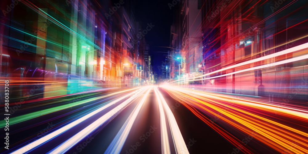 Verkehr in einer Großstadt nachts als Langzeitbelichtung, generative AI Verkehr in einer Großstadt nachts als Langzeitbelichtung, generative AI