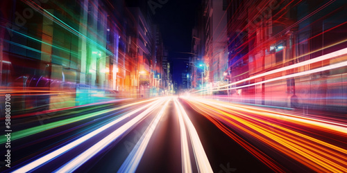 Verkehr in einer Großstadt nachts als Langzeitbelichtung, generative AI