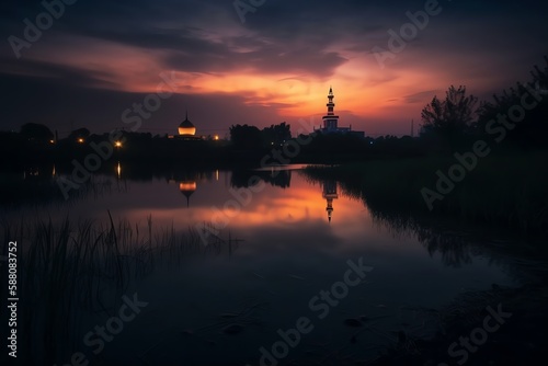 mosque full object perspective photo generate AI, for ramadhan kareem, eid al fitr, eid adha, islamic event