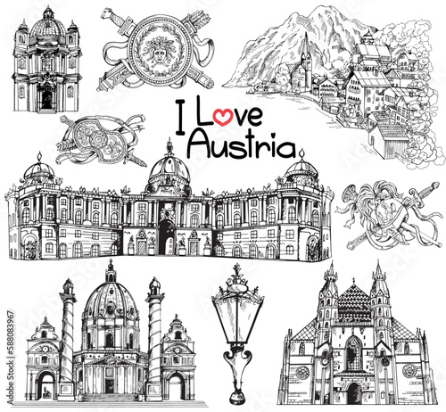 Set of hand drawn sketch style Austria related places, buildings, objects isolated on white background. Vector illustration.