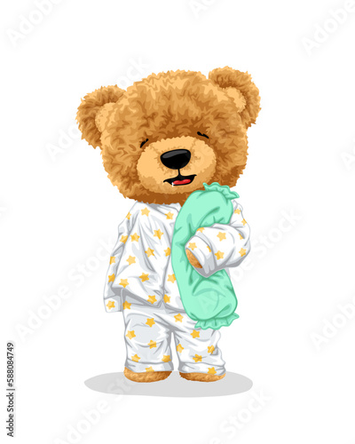 Vector cartoon illustration, hand drawn teddy bear in pajamas with bolster pillow