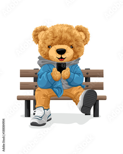 Vector cartoon illustration, cute teddy bear sitting on bench while holding smartphone