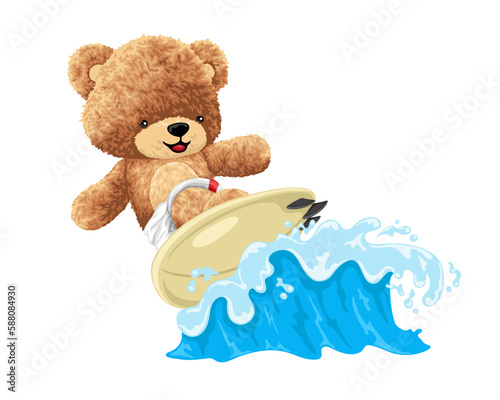 Vector cartoon illustration, cute teddy bear in surfing