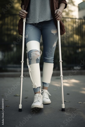 Frau mit Krücken und Gibs Bein nach Unfall, ai generativ
