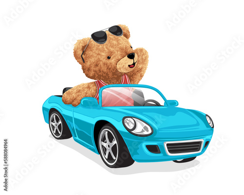 Vector cartoon illustration, funny teddy bear on car