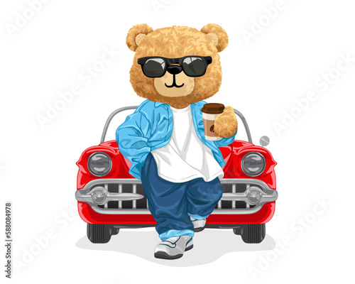 Vector cartoon illustration, cute teddy bear holding coffee cup with vintage car