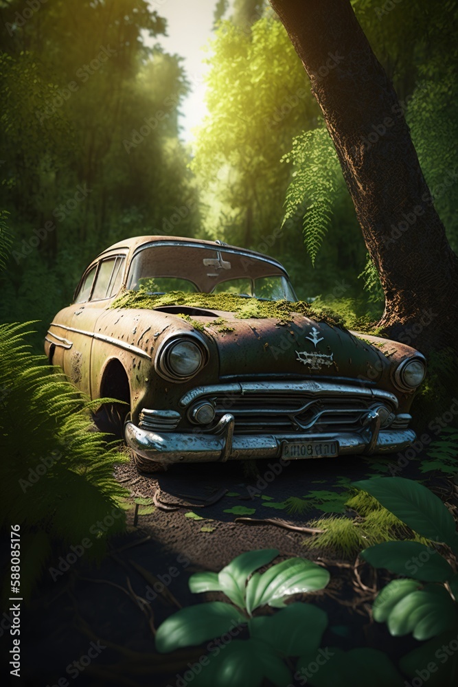 An abandoned classic car seen in a ditch in the middle of a forest ...