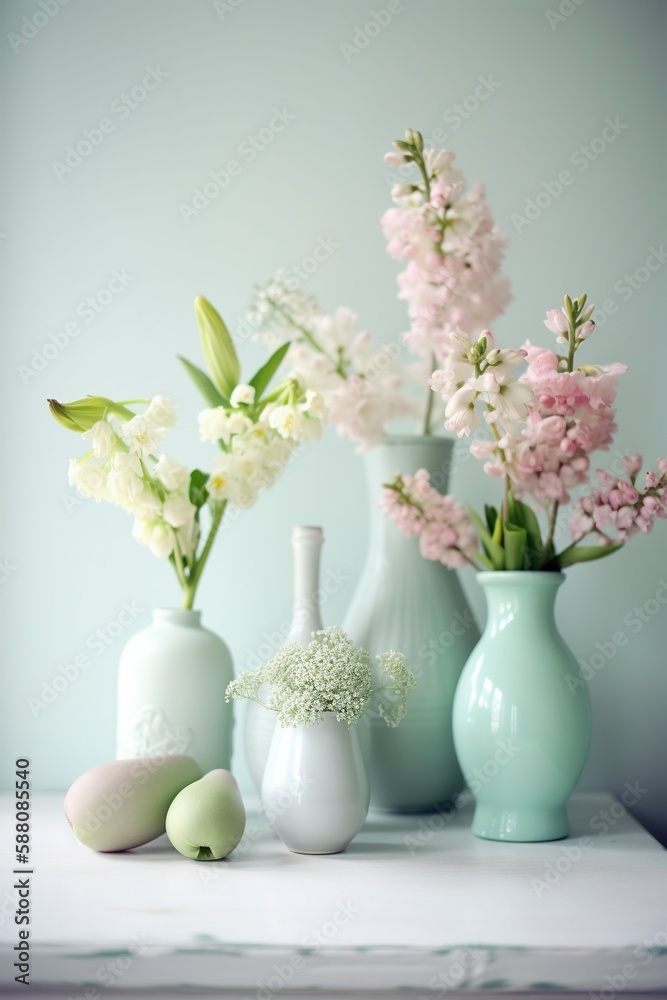 Pastel composition of vase with spring flowers, shallow depth of field. Generative AI