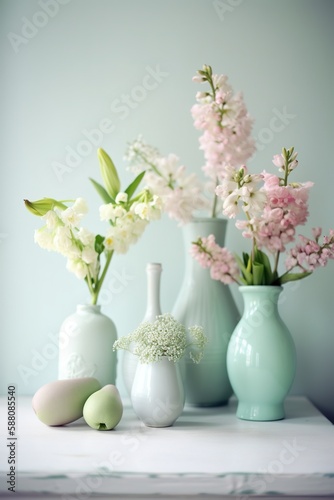 Pastel composition of vase with spring flowers  shallow depth of field. Generative AI