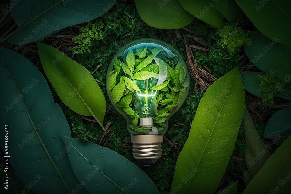 light bulb against nature on green leafs energy sources for renewable, sustainable development. Ecology concept. Neural network AI generated art - obrazy, fototapety, plakaty 