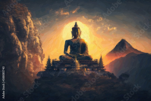 Buddha statue on top of mountain at sunset, digital painting. Ai generative