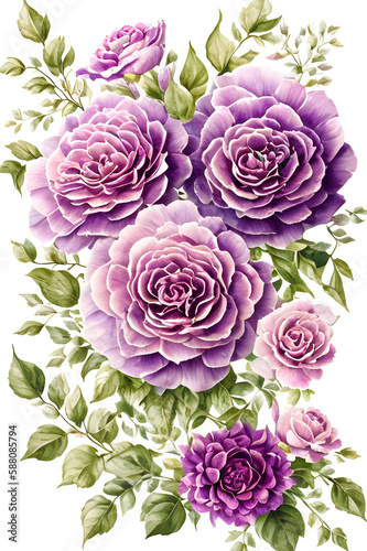 floral watercolor background with purple flowers all over  dahlias  roses  chrysanthemums  peonies in a bouquet  generative ai