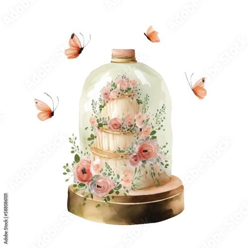 Watercolor vintage wedding cake in pastel colors , isolated and editable.