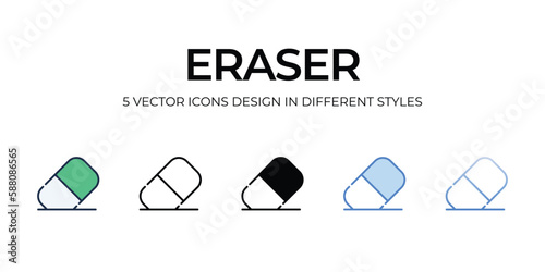 Eraser Icon Design in Five style with Editable Stroke. Line, Solid, Flat Line, Duo Tone Color, and Color Gradient Line. Suitable for Web Page, Mobile App, UI, UX and GUI design.