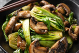 Bok Choy or Pak Choi and Mushroom Stir Fry in vegetarian sauce. Healthy vegan food.
