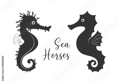 Set of silhouettes of seahorses. Vector icon for logos.