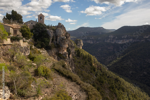 Castle on mountain. Siurana. Landscape with clouds.