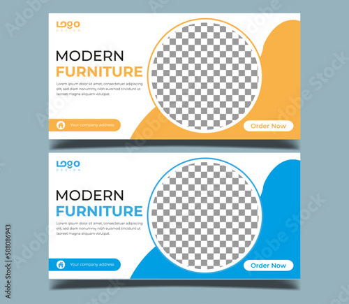 Business webinar horizontal banner template design. Modern banner design with black and white background and yellow frame shape. Usable for banner, cover, and header. photo