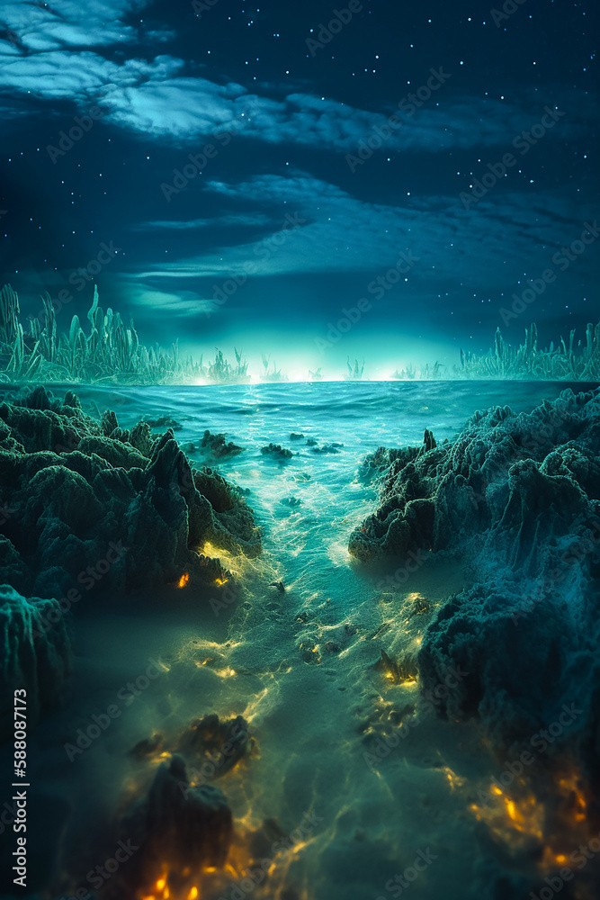 Surreal Fantasy Nighttime Bioluminescence Planktons At a Sea Beach Landscape, with Serene Waves. Generative AI.