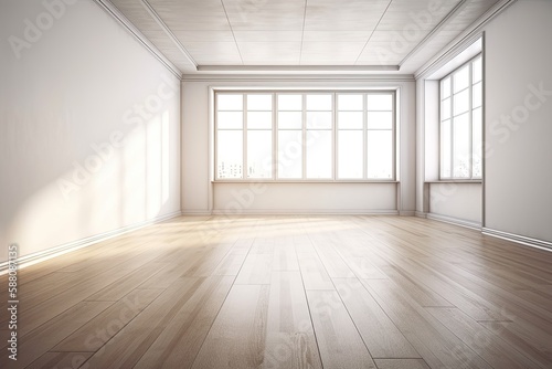 Illustration of an empty room with natural lighting and hardwood flooring. Generative AI