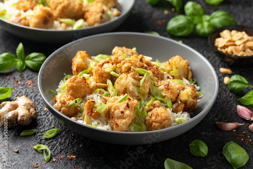 Kung Pao Cauliflower with rice, peanuts and spices. Healthy vegan food.
