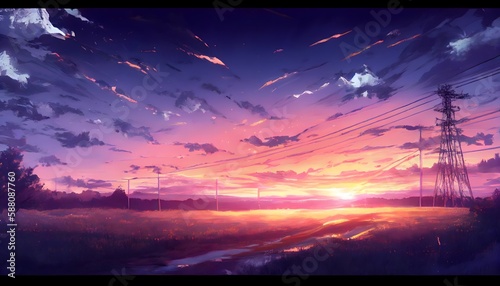 Afternoon sunset sky clouds landscape - Anime Background. Generative ai.