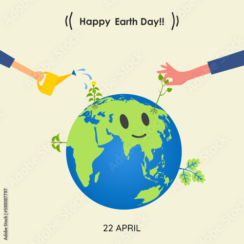 Earth day, girls watering the earth and holding the plant, take care of earth concept, vector illustration design