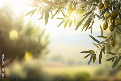 A Dreamy Olive Grove with Glistening Morning Light and Branches Framing a Copyspace Area. Generative AI